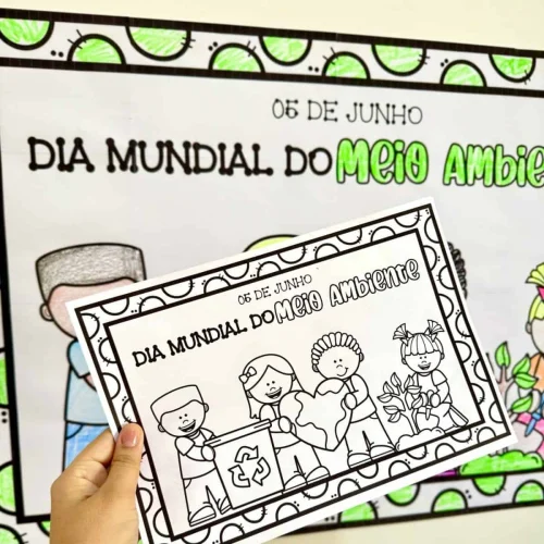 Cartaz de colorir sobre o Dia Mundial do Meio Ambiente com crianças e símbolos ambientais.