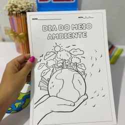 Desenho para colorir sobre o Dia do Meio Ambiente com planeta Terra e natureza.