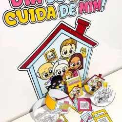 Ilustração de uma casa com crianças e atividades educativas para o Dia de Quem Cuida de Mim.