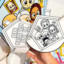 Atividades de colagem com personagens de desenhos animados para crianças.