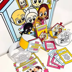 Material educativo para o Dia de Quem Cuida de Mim com personagens infantis.
