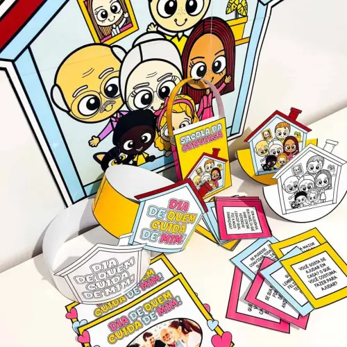 Material educativo para o Dia de Quem Cuida de Mim com personagens infantis.