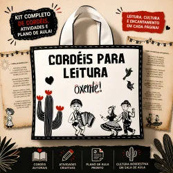 Imagem de sacola com cordéis educativos e atividades de leitura.