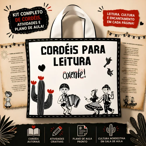 Imagem de sacola com cordéis educativos e atividades de leitura.