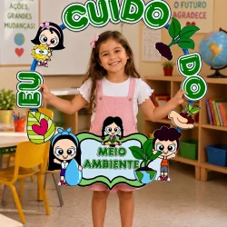 Menina sorridente segurando cartaz de conscientização ambiental na sala de aula.