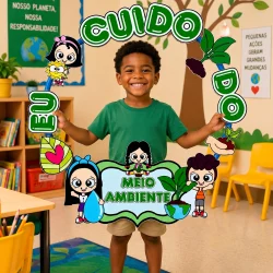 Criança segurando quadro com mensagem de preservação ambiental.