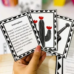 Cartas de Cordel com desenhos de cacto e violão para atividades educativas.