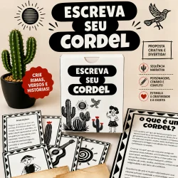 Caixa de produção de cordel com cartas ilustradas e elementos de natureza.