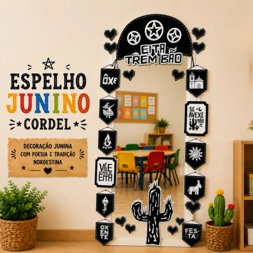 Espelho decorativo junino com elementos de cordel e símbolos tradicionais.
