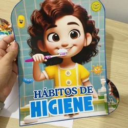 Criança escovando os dentes com personagem animada educativa.