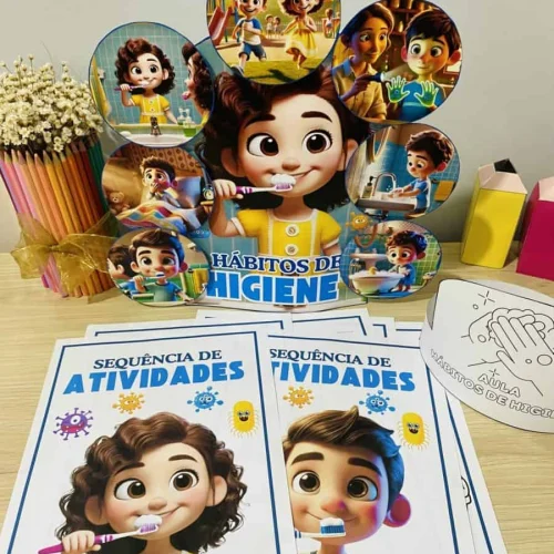 Material educativo sobre higiene para crianças com personagem infantil.