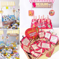 Decoração de Festa Junina com jogos e lembrancinhas coloridas.