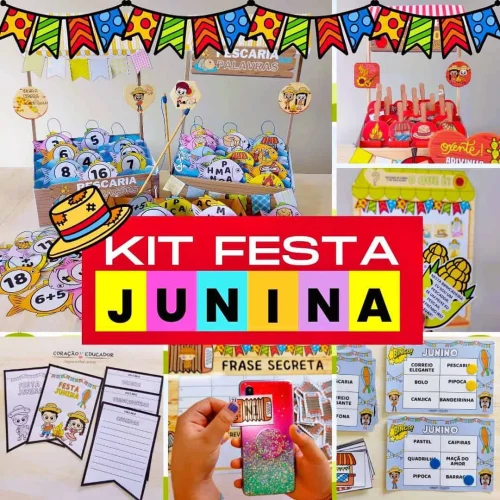 Material educativo Festa Junina com jogos e atividades para crianças.