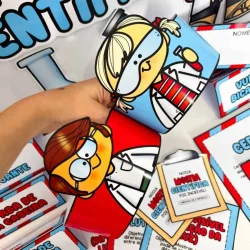 Personagens educativos com óculos de proteção para ciência e experimentos.