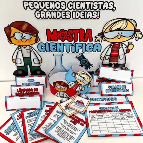 Material educativo para feira científica infantil com personagens de cientistas.