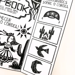 Ilustração de lapbook de cordel com elementos culturais e curiosidades.
