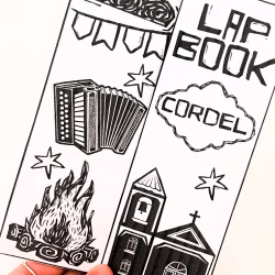 Lapbook de Cordel com imagens de cordel, igreja e fogo para atividades educativas.
