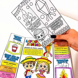 Lapbook junino com desenhos de festa junina e atividades educativas.