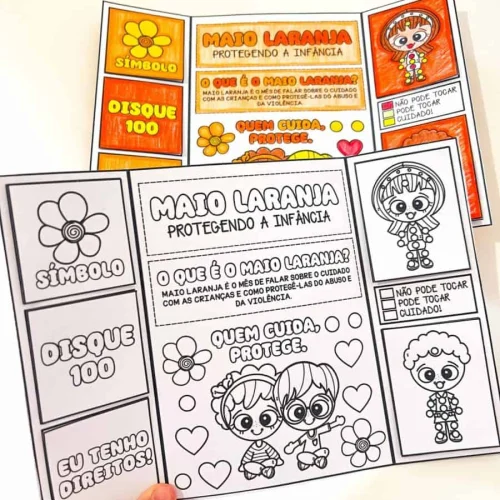 Lapbook Maio Laranja com símbolos e mensagens de proteção infantil.