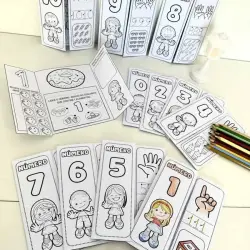 Cartões de números de 0 a 10 com ilustrações infantis educativas.