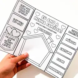 Lapbook com perguntas e espaço para fotos da família.