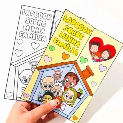Lapbook colorido sobre minha família com desenhos de membros familiares.
