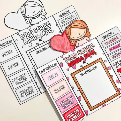 Lapbook educativo sobre minha mãe com desenhos e informações.