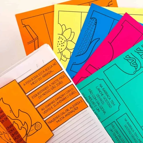Papéis coloridos com desenhos e atividades juninas para crianças.