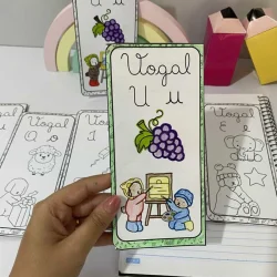Cartaz de vogais U com desenhos de uva e crianças estudando.