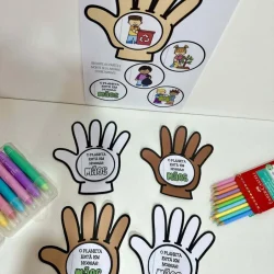 Mãos de papel com mensagens sobre cuidar do planeta.