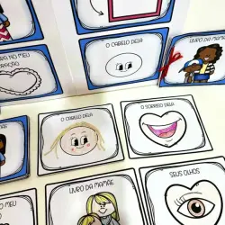 Cartazes com desenhos de emoções, cabelo, olhos e família para crianças.