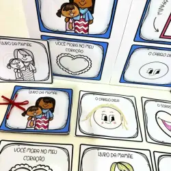 Cartões de atividades com desenhos de mães e filhos para crianças.