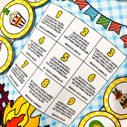 Jogo de adivinhas juninas com luva e imagens coloridas para crianças.