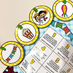 Luva com adivinhas juninas para crianças, tema de festa típica brasileira.