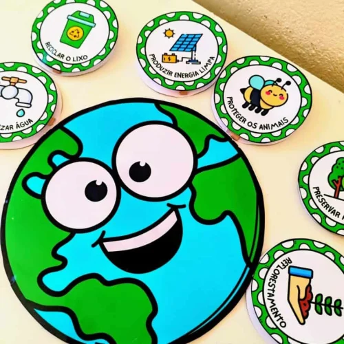 Luva interativa com tema de preservação ambiental e sustentabilidade.