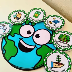 Luva com botões interativos sobre cuidados ambientais e sustentabilidade.
