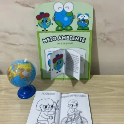 Material didático sobre meio ambiente com personagens e atividades para crianças.
