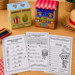 Kit Festa Junina com caixas decorativas e atividades de alfabetização.