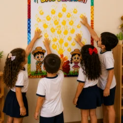 Crianças participando de atividade de mãos na parede na sala de aula.
