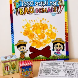 Painel de atividades juninas com desenhos e mãos pintadas de amarelo.