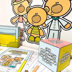 Personagens infantis de desenho animado com caixas e materiais escolares.
