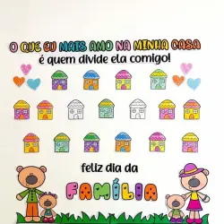 Desenho de casas coloridas e família com mensagem de amor e união.
