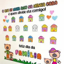Desenho colorido de casas, corações e uma família feliz para o Dia da Família.