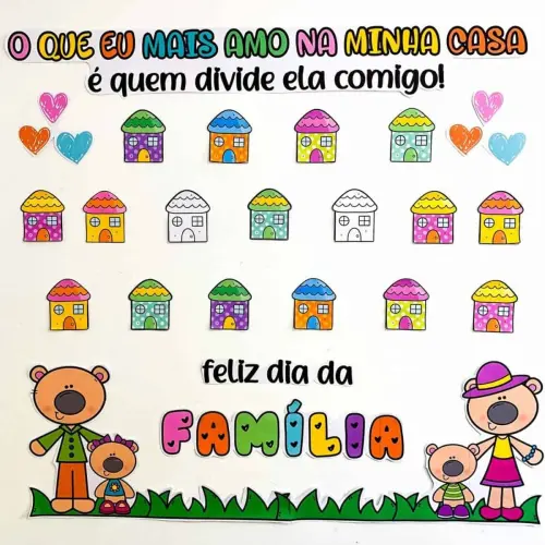 Ilustração de casas coloridas e animais fofos celebrando o Dia da Família.