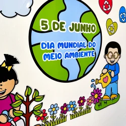 Ilustração do planeta Terra com crianças e elementos ambientais.