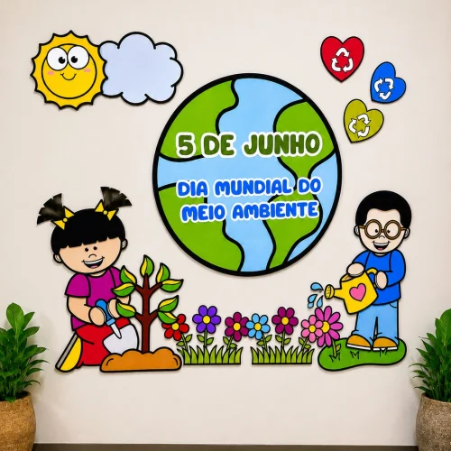 Ilustração do Dia Mundial do Meio Ambiente com crianças e planeta.
