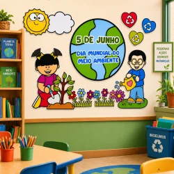 Ilustração de crianças plantando árvores e símbolos ambientais na sala de aula.