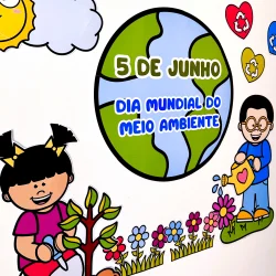 Ilustração do Dia Mundial do Meio Ambiente com crianças e planeta Terra.