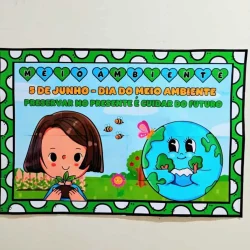 Cartaz sobre o Dia do Meio Ambiente com desenho de criança e planeta Terra.