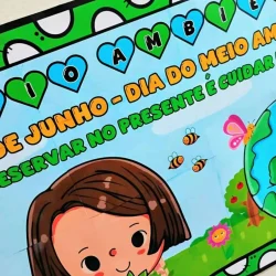Cartaz comemorativo do Dia do Meio Ambiente com criança e natureza.